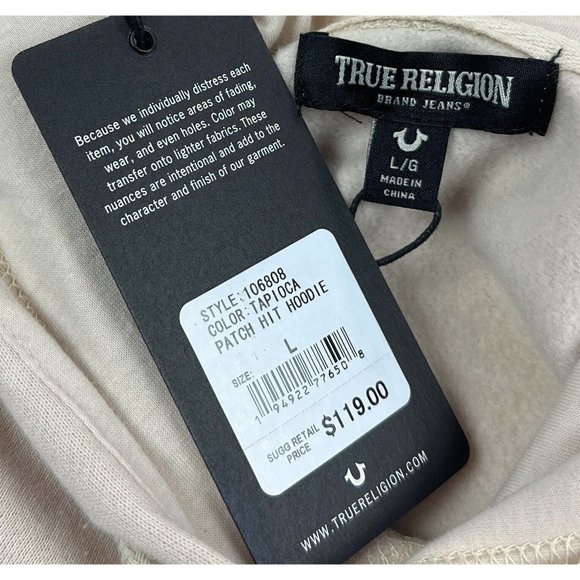 True Religion Patch Hit Hoodie Mens Large Beige Pullover Hooded Sweatshirt - Picture 7 of 12